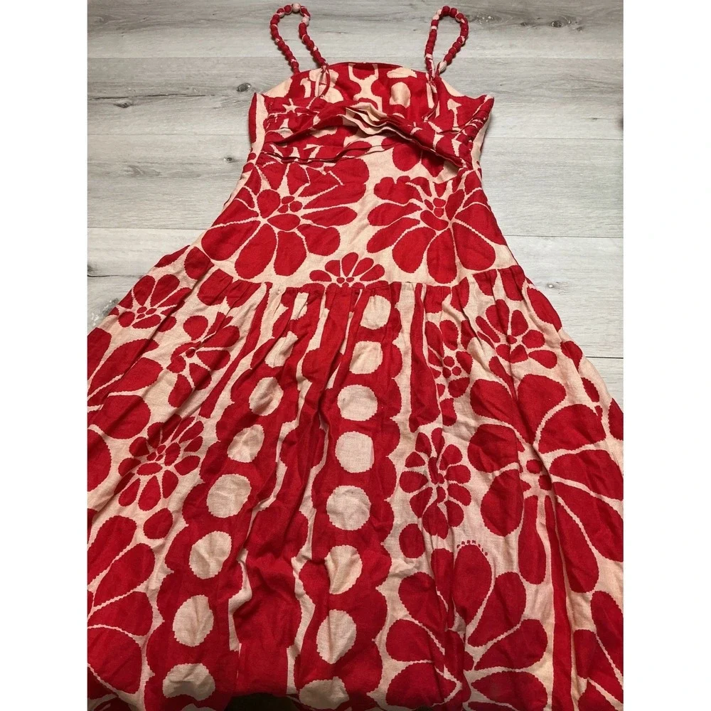 Farm Rio Floral Linen Midi Dress Red Small New Without Tags - Picture 3 of 4